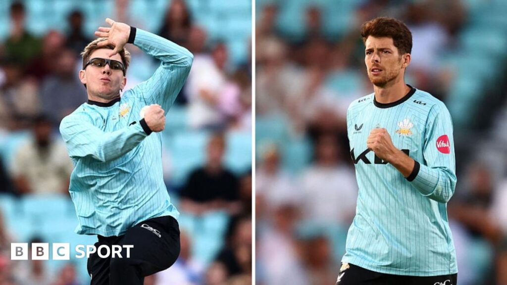 A split image with Adam Zampa bowling on the left and Mitchell Santner celebrating a wicket in the right frame