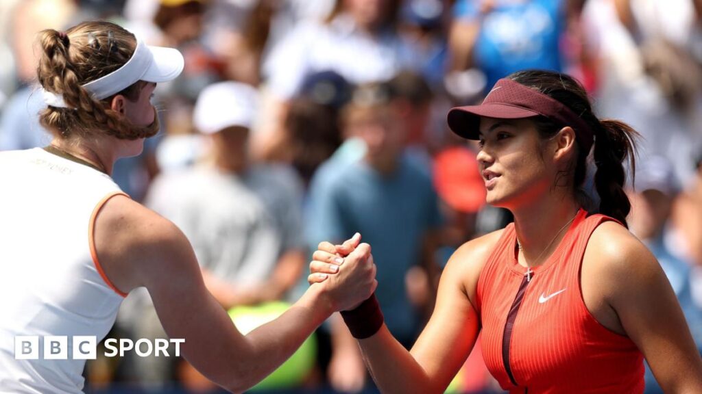 Emma Raducanu shakes hands with Elena Rybakina