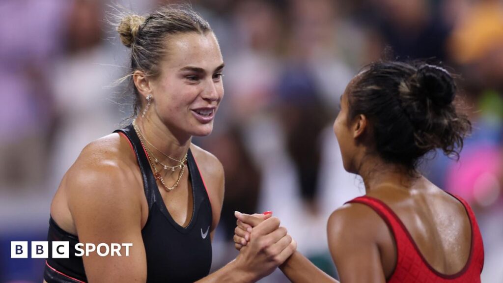 Aryna Sabalenka shakes hands with Leylah Fernandez after their US Open match
