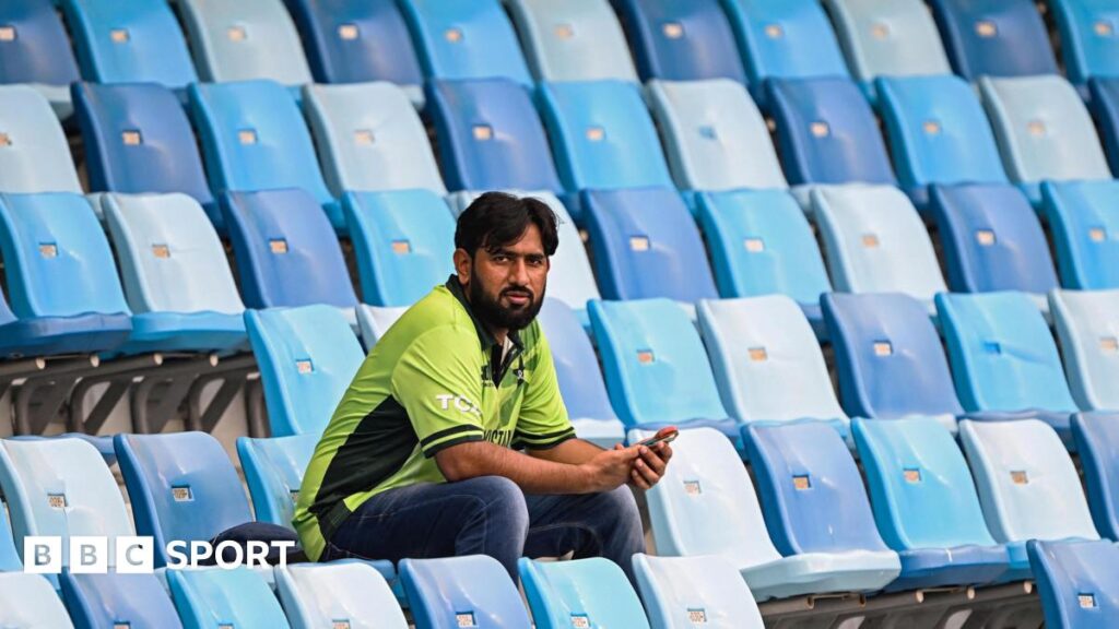 Pakistan fan waits for play at stadium in Dubai