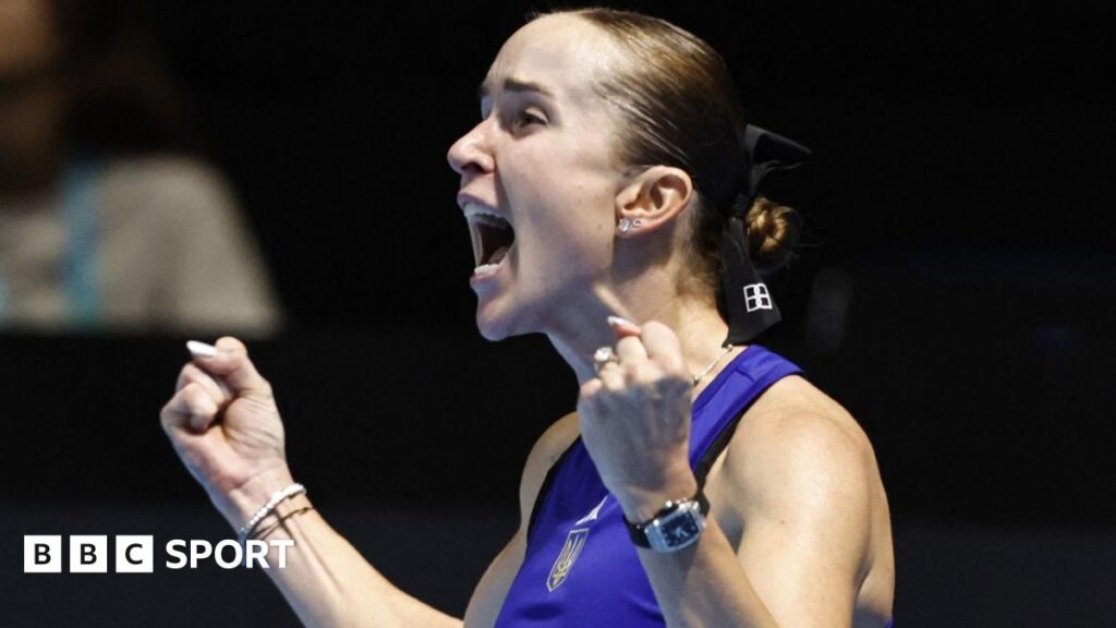 Ukraine's Elina Svitolina yells in celebration after winning her Billie Jean King Cup match against Spain's Paula Badosa