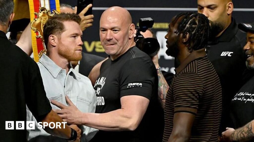 Saul 'Canelo' Alvarez stands with his fists up with his world titles around him