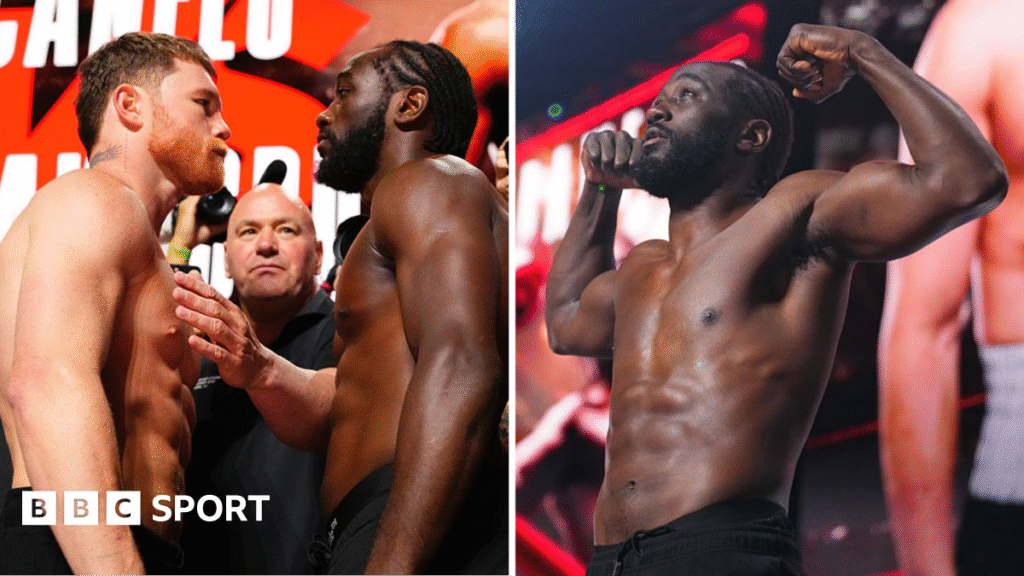 Canelo Alvarez and Terence Crawford pose for pictures side by side at a weigh-in