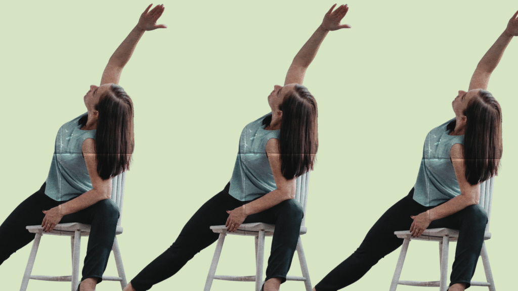 A woman practicing chair yoga
