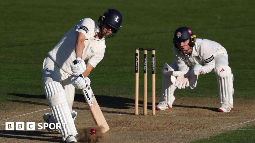 Left-hander Jaydn Denly comes down the wicket to a delivery with wicketkeeper Matty Hurst watching behind the stumps