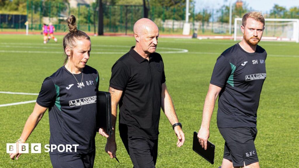 Hibernian co-head coaches Joelle Murray (left) and Stewart Hall (right) and team manager Grant Scott