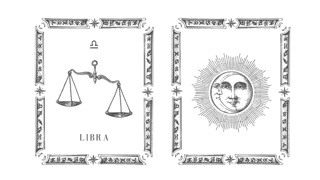 Two cards representing the Libra sign scales of balance and the equal parts sun and moon