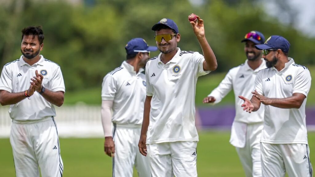 Jharkhand spinner Manishi celebrates after his six-wicket haul for East Zone in the Duleep Trophy 2025 quarter-final in Bengaluru. (PTI)