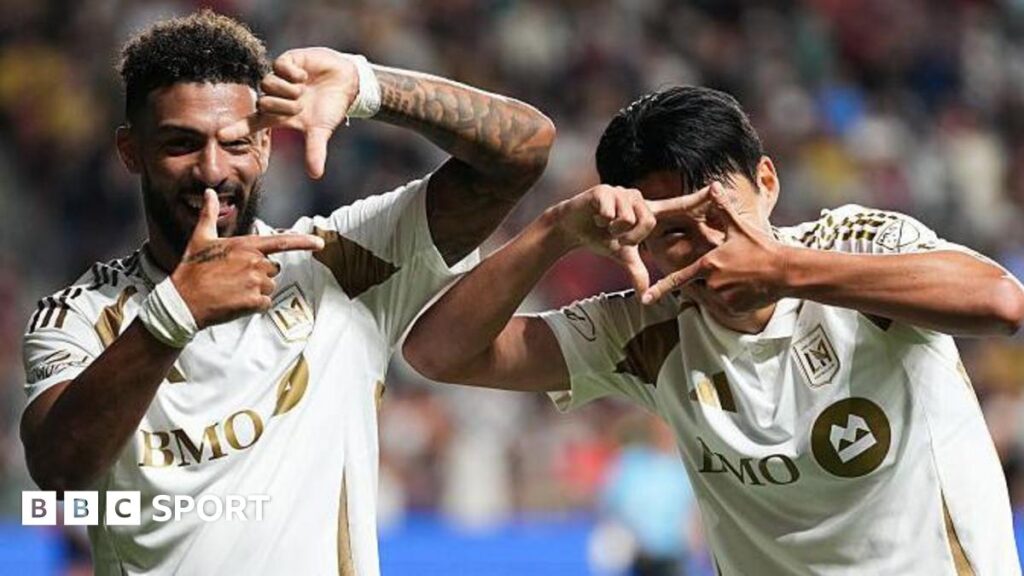 Denis Bouanga and Son Heung-min celebrate Son's hat-trick goal for Los Angeles FC  against Real Salt Lake