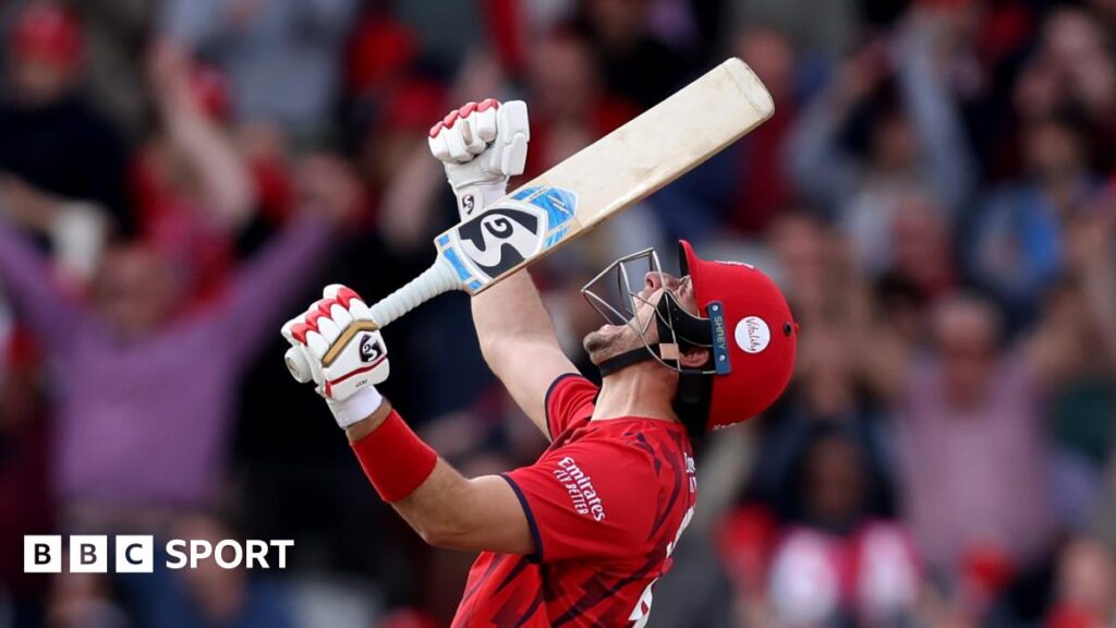 Lancashire's Liam Livingstone with his arms aloft as he roars in triumph