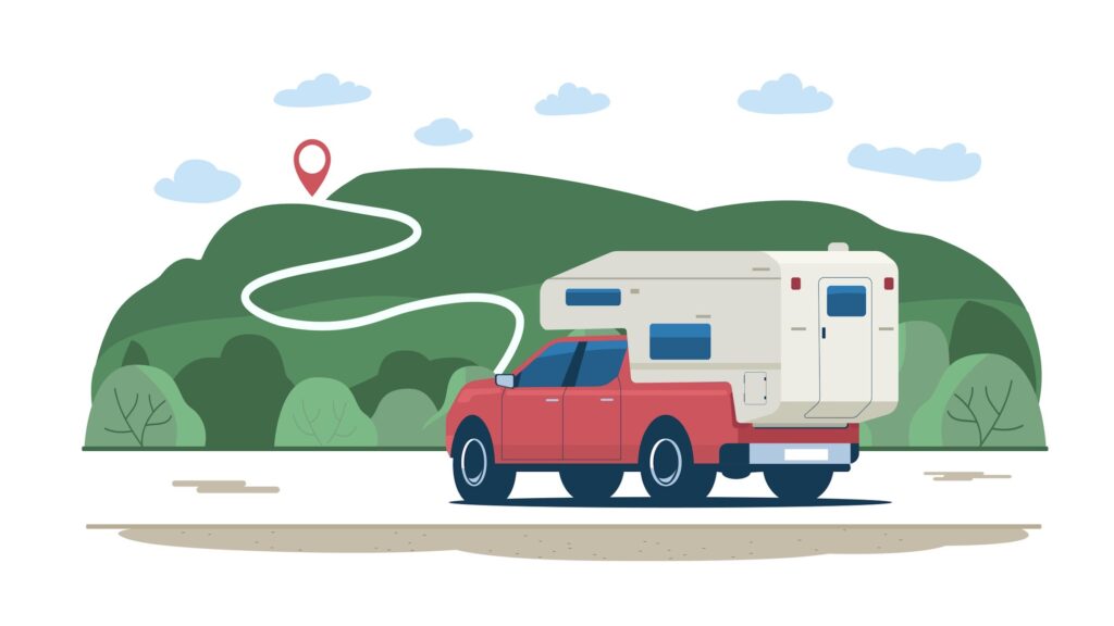 truck with camper pointed to map pin
