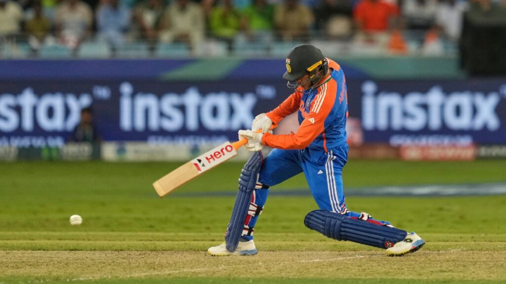 India opener Abhishek Sharma played a helicopter-like cover drive to reach his half-century against Pakistan in the Asia Cup Super 4 match on Sunday in Dubai. (AP)