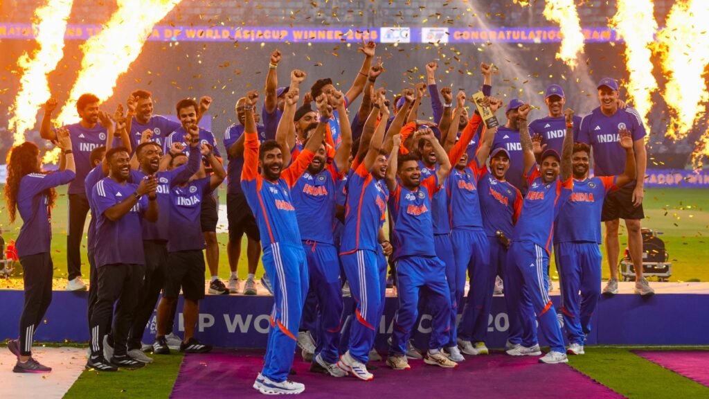 Team India celebrates without the trophy after winning the Asia Cup cricket final against Pakistan at Dubai International Cricket Stadium, United Arab Emirates, Sunday, Sept. 28, 2025. (AP Photo/Altaf Qadri)
