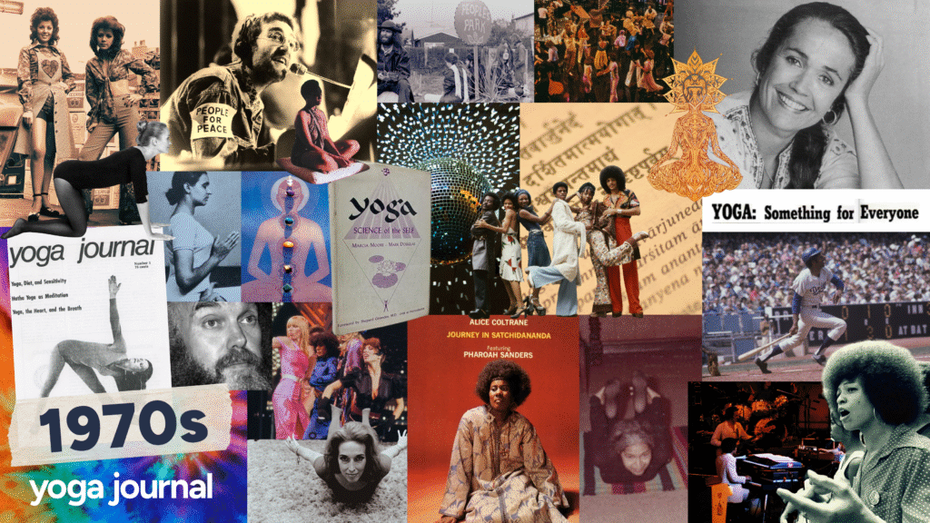 Collage of black-and-white as well as color images of yoga and the 1970s
