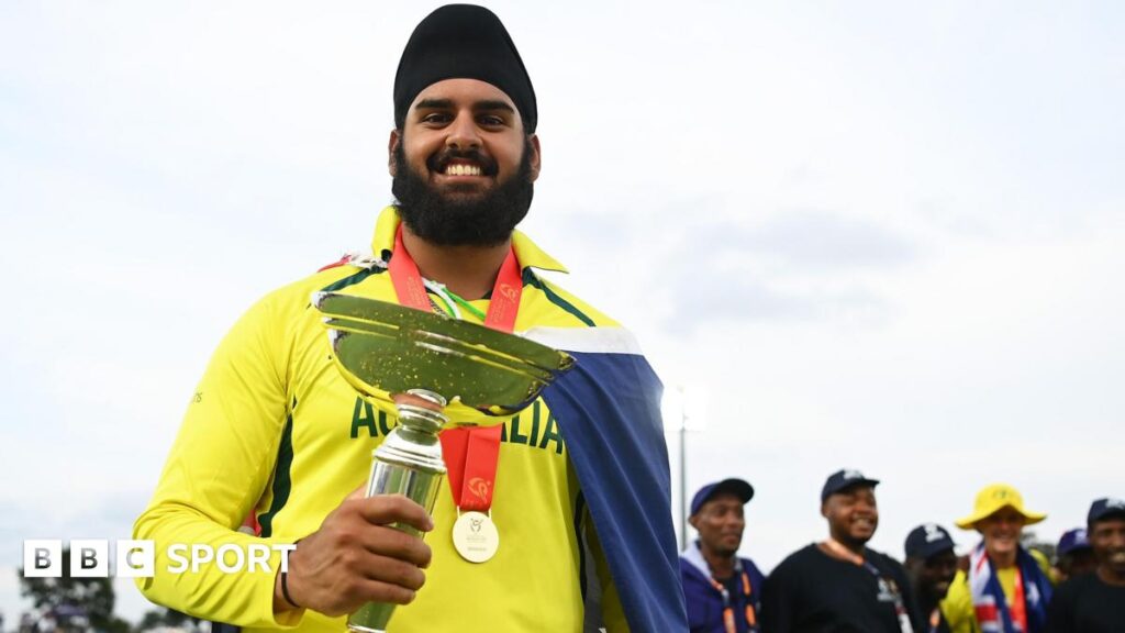 Harjas Singh holding the trophy after winning the 2024 Under-19 Cricket World Cup