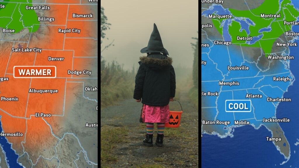 Here’s Your Forecast for Halloween Night weather forecast map with trick-or-treater