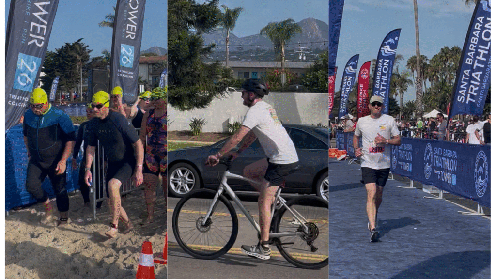 Images of Jivana Heyman on his first triathlon during the swim, bike, and run