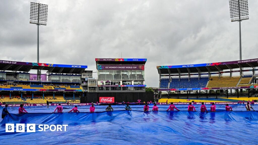 Groundstaff put the covers on in Colombo ahead of Australia v Sri Lanka at Women's Cricket World Cup