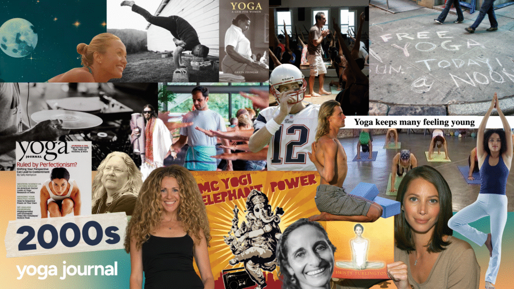 Collage of images related to yoga in the 2000s