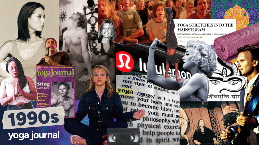 Collage of various celebrities, brands, and poses common to yoga in the 1990s