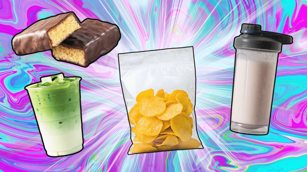 What Nutritionists Think About the Protein Craze protein chips, shake, latte, protein bar protein craze concept