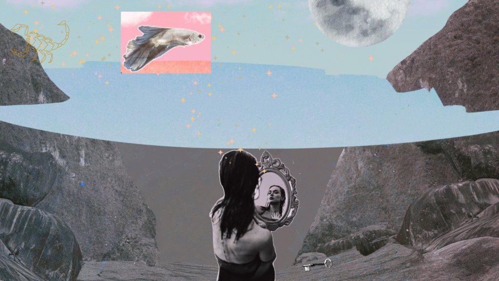 Collage of photos and illustrations relating to Scorpio sign