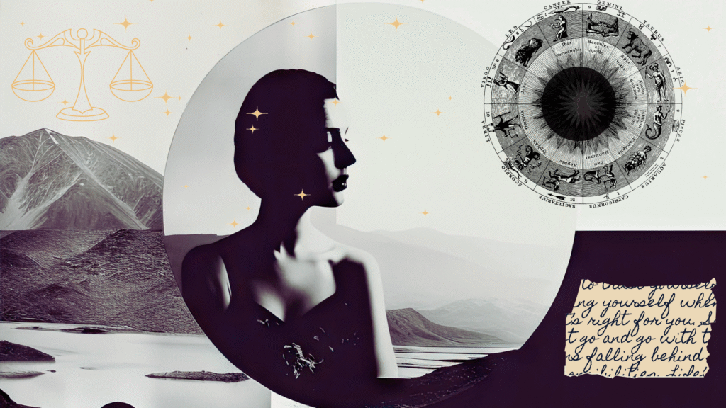 Contemporary collage of illustrations and photographs depicting the new Moon in Libra
