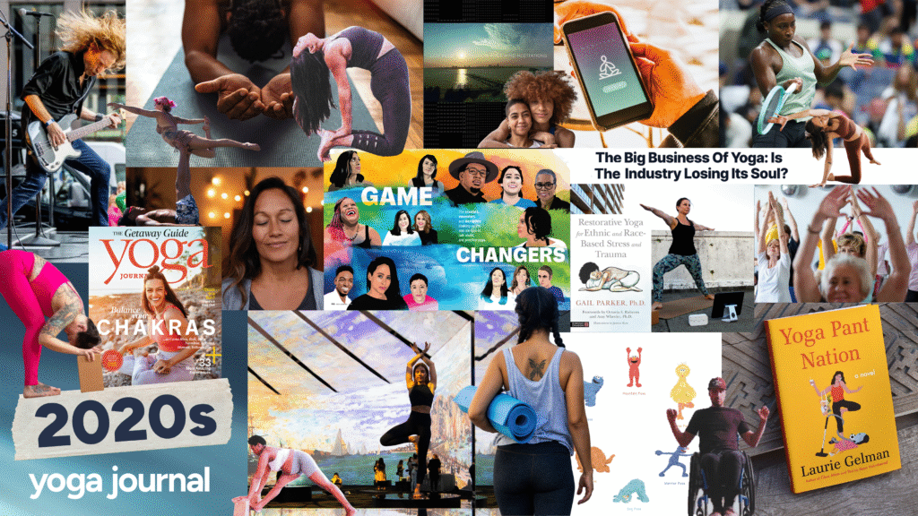 Collage of contemporary yoga scenes including kids yoga and meditation
