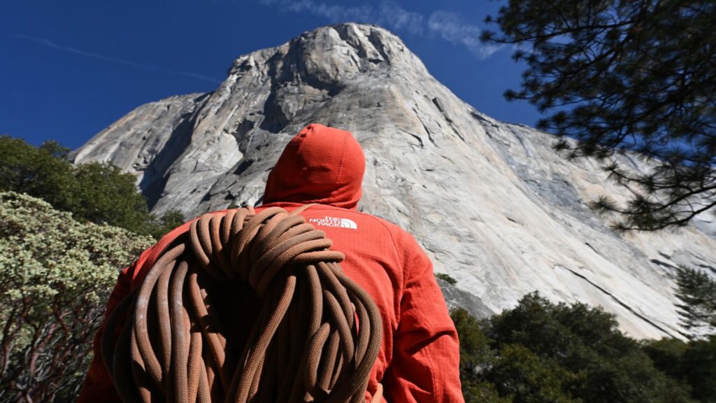 Yosemite Rescuers Save Climber Stranded on El Capitan A climber stands near El Capitan with his climbing equipment at Yosemite National Park