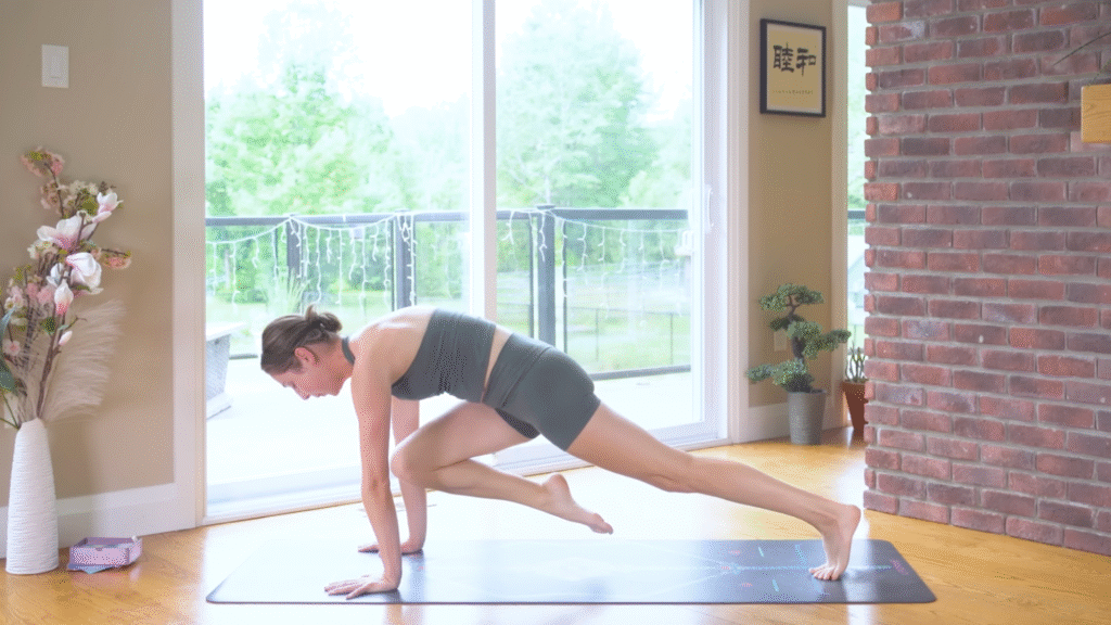 Woman on a yoga mat practicing drawing her knee toward her nose from Plank Pose