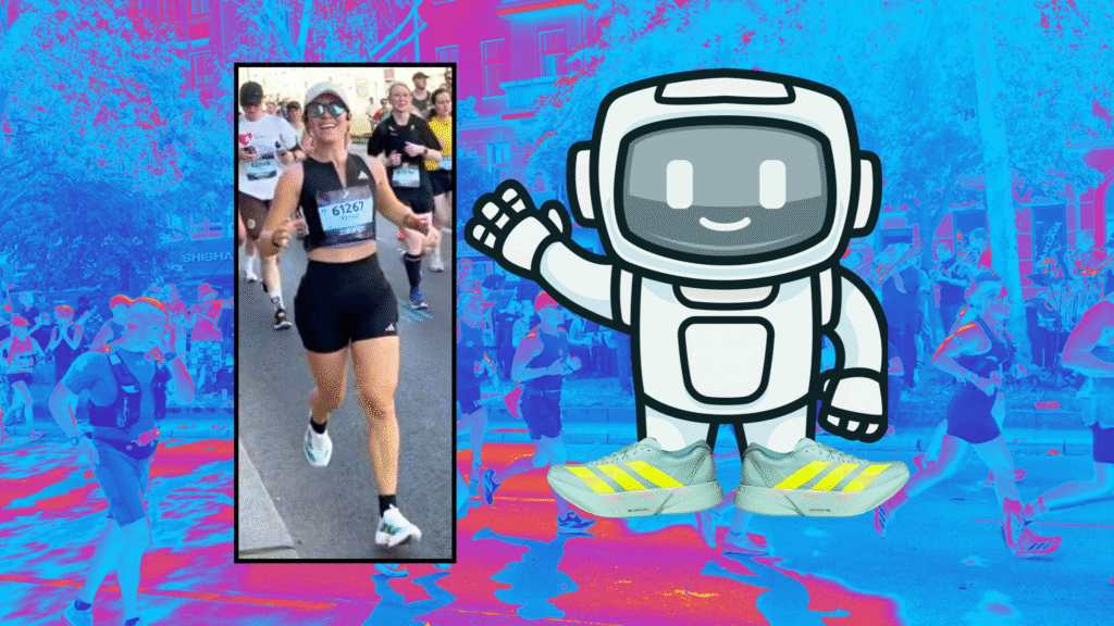 Outside Lab Marathon Pits Human vs. Machine to Test Super Shoes Kristen Geil running the Berlin Marathon in Adidas running shoes next to a graphic of a friendly robot wearing Adidas super shoes, atop a pink and blue wavy image of runners