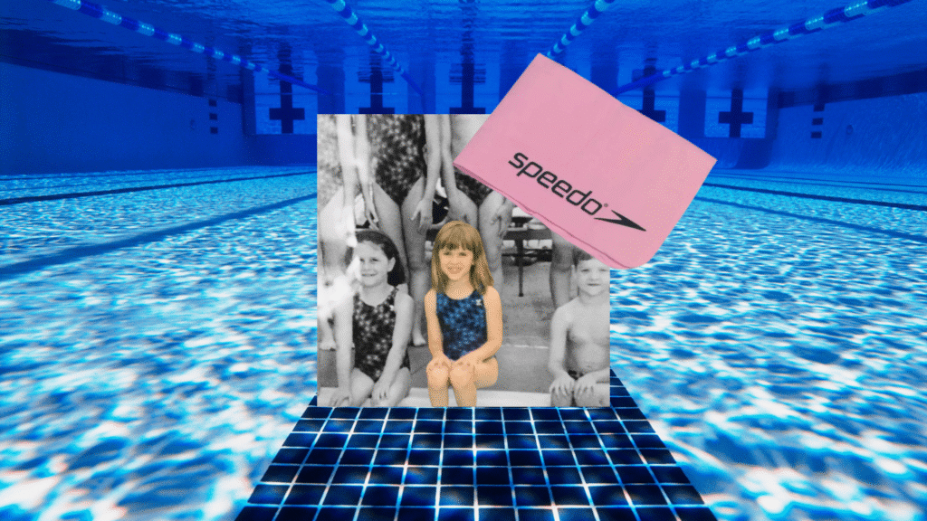Perfect Thing: My 90s-Era Shammy Towel a young girl in a blue bathing suit with her swim team next to a pink speedo shammy sammy chamois towel atop a background of a lap pool underwear