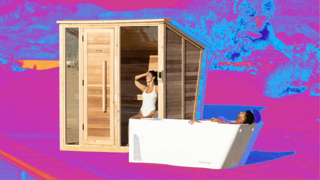 Plunge Is Offering Up to $7,500 Off Saunas and Cold Plunges plunge sauna and cold tub in the desert on magenta and neon blue background