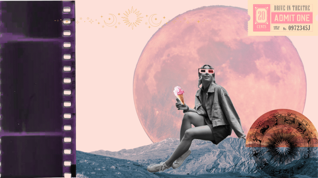 Woman sitting on a mountain under Jupiter retrograde 2025 in a contemporary collage