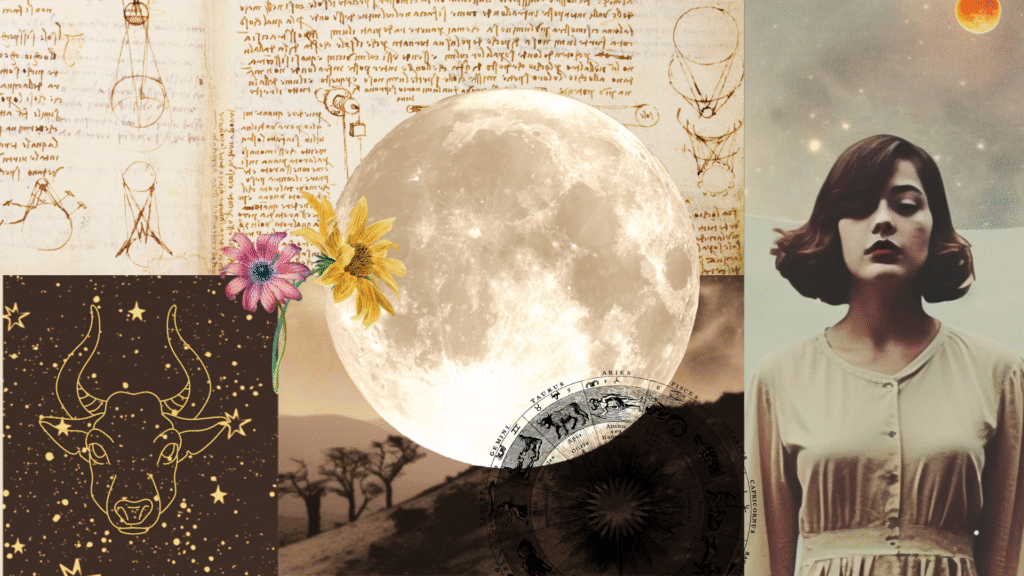 Contemporary collage of the full Moon in Taurus and a woman and stars and flowers